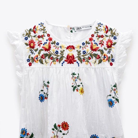 Zara White Embroidered floral Midi peasant Dress. - Picture 10 of 16